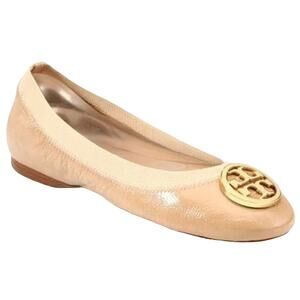 Tory Burch Caroline Patent Leather Medallion Logo Ballet Flats Natural Tan 7.5M